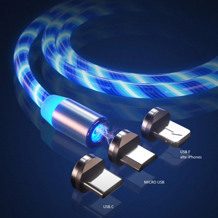 USB LED Flow Light charging cable with 3 different magnetic plugs