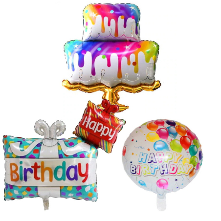 3er-Set Geburtstagsparty Ballons mit Torte, Geschenk und Ballon