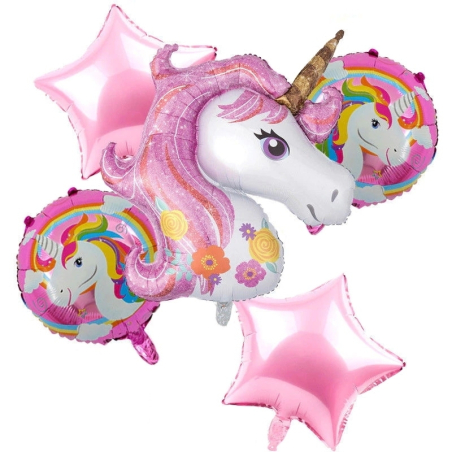 5er Set mit Riesen Einhorn Kopf mit 4 weiteren Ballons