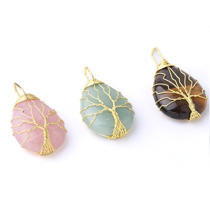 Magnifique pendentif oeil de tigre avec arbre de vie