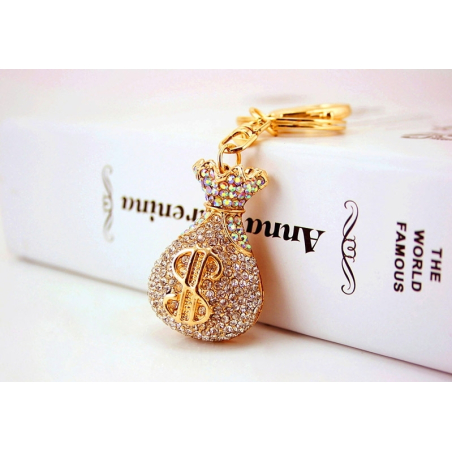 Gold bag keychain with rhinestones and snap hook