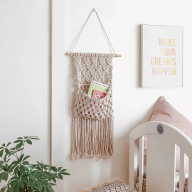 Produktbild: Hand-knotted beige macrame tapestry Grumpy with bag Hand-knotted beige macrame...