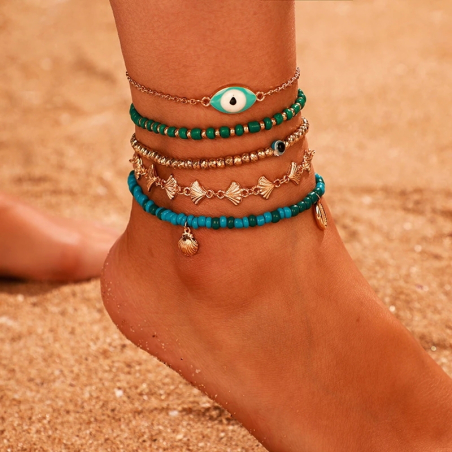 Set di 5 cavigliere Boho Occhio con occhio turco