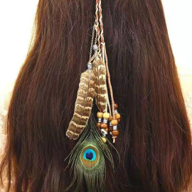 Produktbild: Serre-tête indien en cuir bicolore avec plume de paon Serre-tête indien en cuir bicolore avec plume de paon