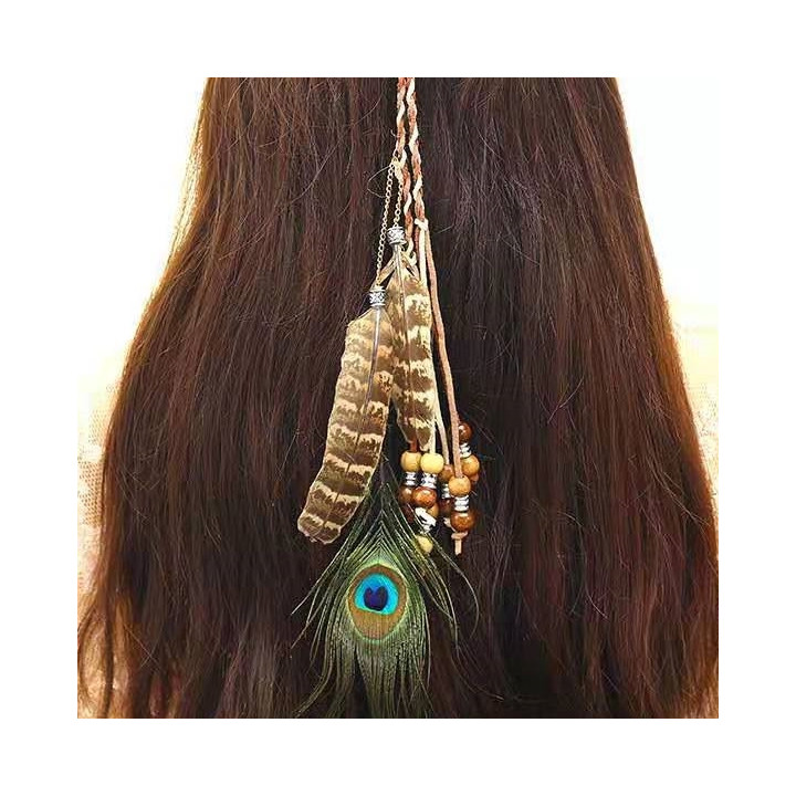 Two-tone Indian leather hairband with peacock feather