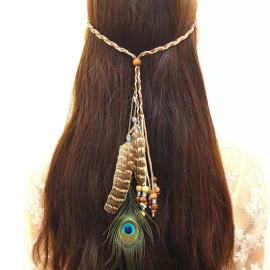 Produktbild: Serre-tête indien en cuir bicolore avec plume de paon Serre-tête indien en cuir bicolore avec plume de paon