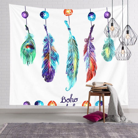 Boho Wandtuch mit bunten Federn