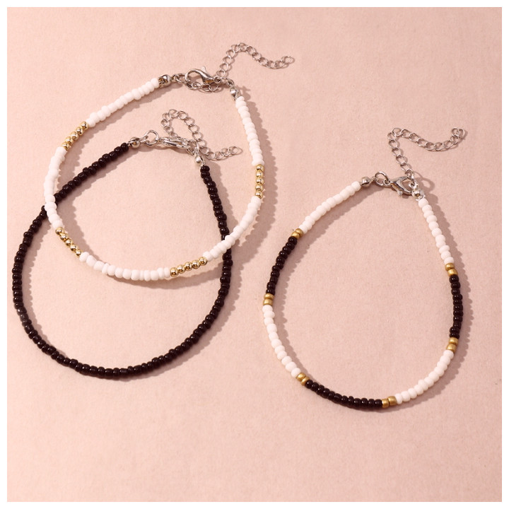 set of 3 white and black surfer anklets