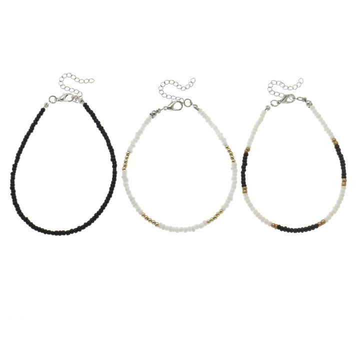 set of 3 white and black surfer anklets