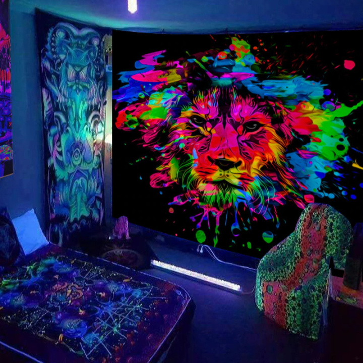 Fluorescent UV wall tapestry with colorful lion head
