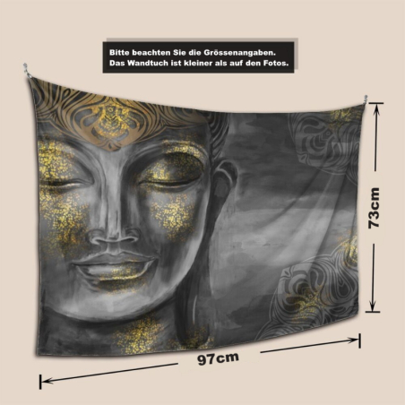 Buddha Wandtuch in Grau mit goldenen Symbolen - Wandbehang
