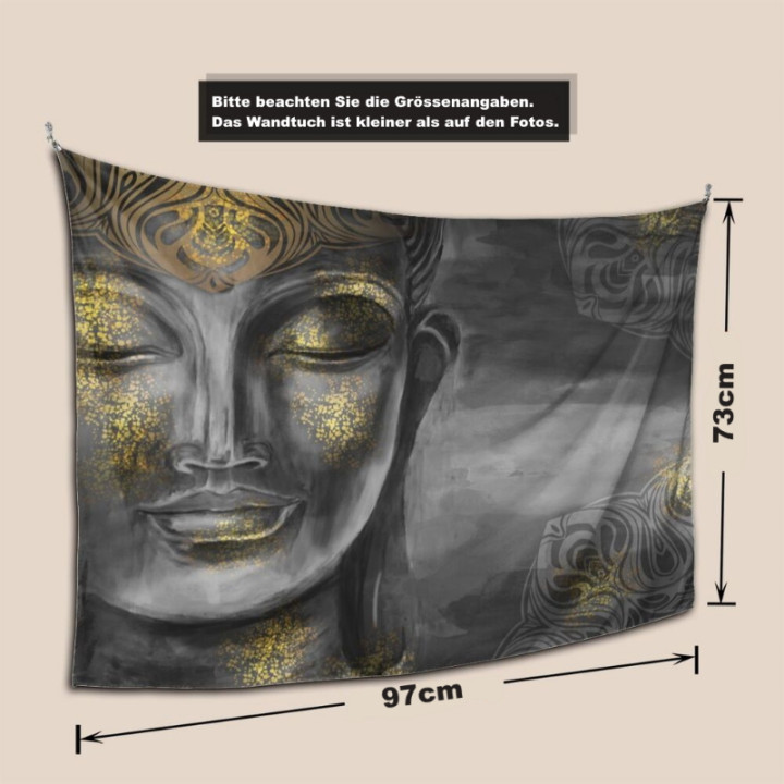 Buddha Wandtuch in Grau mit goldenen Symbolen - Wandbehang
