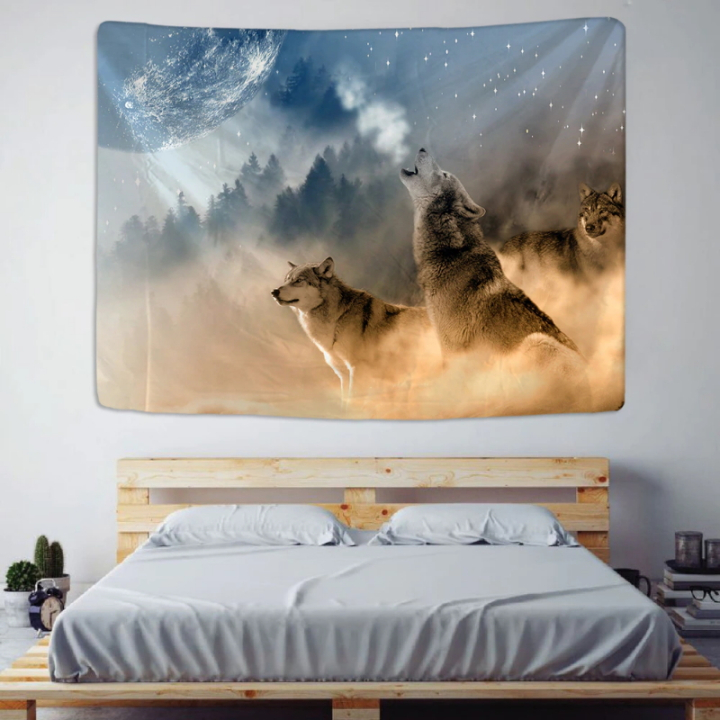Ausdruckstarkes Wandtuch - Wandbehang mit Wölfen