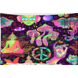 Produktbild: Toile murale psychodélique avec champignons, Bouddha et signes de paix Toile murale psychodélique avec champignons, Bouddha et signes de paix