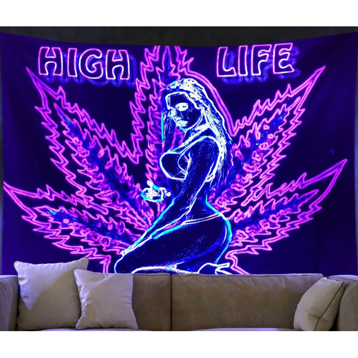 Tissu mural fluoré UV avec une feuille de cannabis et une femme