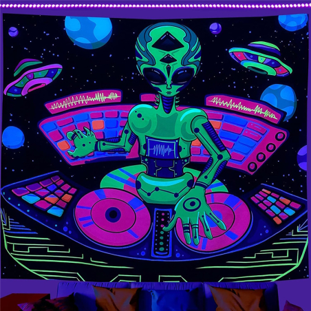 Cooles psychodelisches Wandtuch mit Alien als DJ