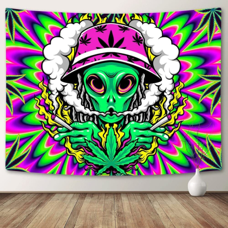Buntes psychodelisches Wandtuch mit Alien Smoking Weed