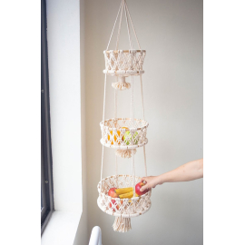Magnifique corbeille de fruits en macramé Romina avec trois paniers