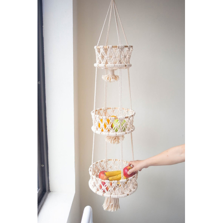 Magnifique corbeille de fruits en macramé Romina avec trois paniers