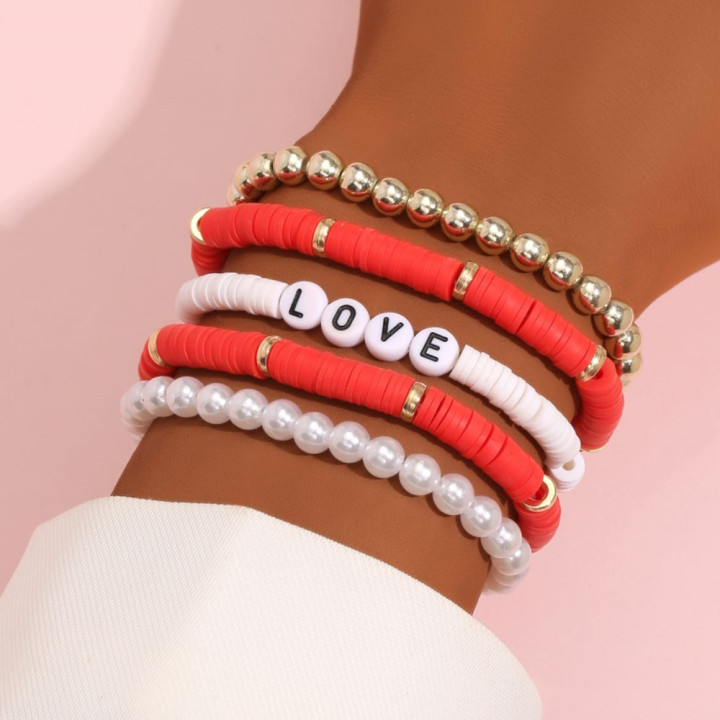 Set di 5 braccialetti Viva con surfista in 3 colori con Love
