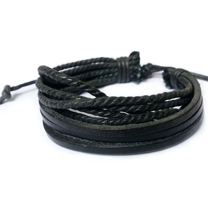 Multi-row men's PU leather bracelet in black and brown