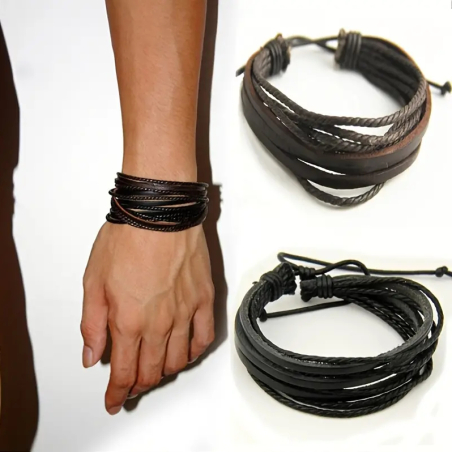 Mehrreihiges Männer Leder Armband in Schwarz und Braun