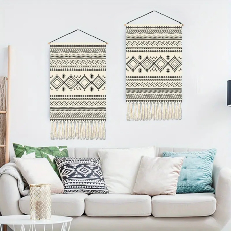Beiger indianischer Wandteppich Verino mit geometrischen Mustern