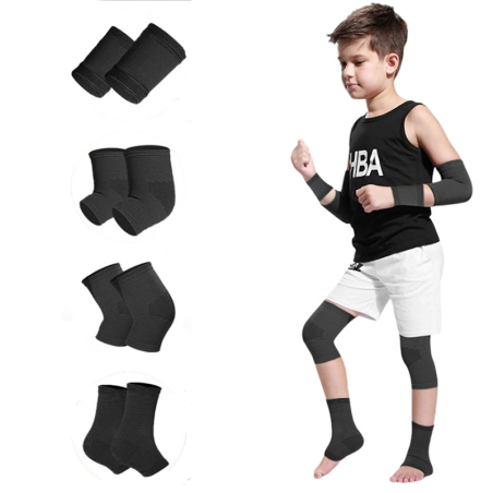 8er Set mit schwarzen Kinder Knie-, Ellbogen-, Fussgelenk- und Handgelenks-Bandagen