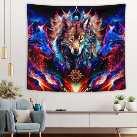 Ausdruckstarkes spirituelles Wolf Wandtuch mit kräftigen Farben