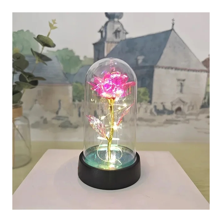 Ewige Rose in Pink im Glas mit LED-Lichterkette