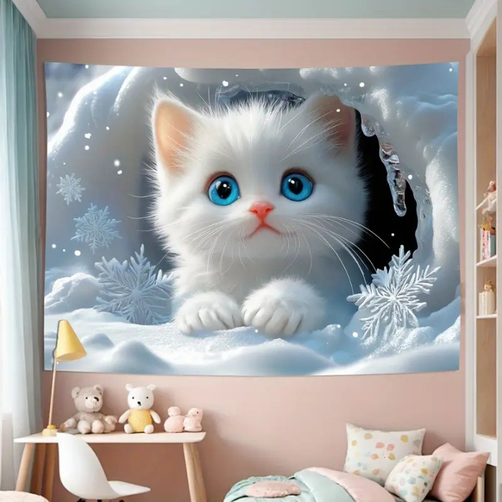 Sweet young white kitten as a wall tapestry