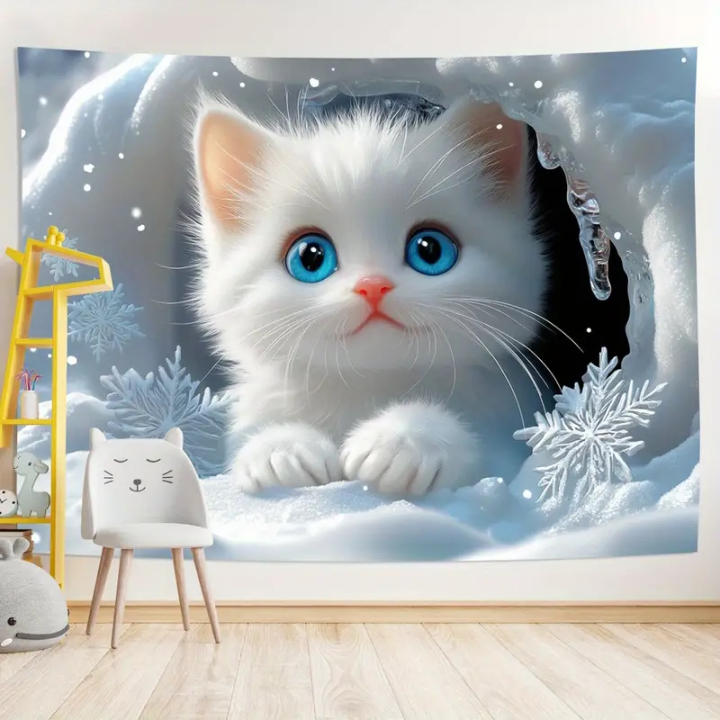 Sweet young white kitten as a wall tapestry
