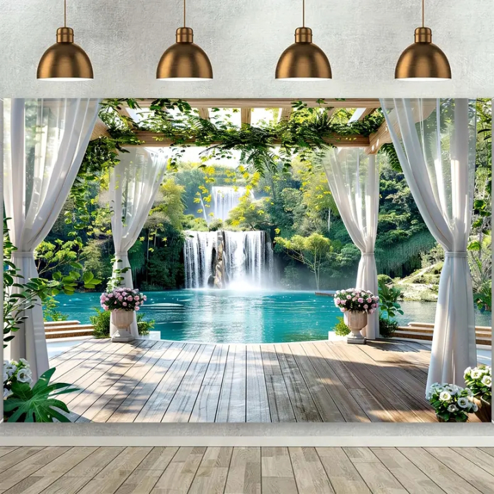 XXL-Wandtuch Wandbehang mit einer traumhaften Terrasse am Wasserfall