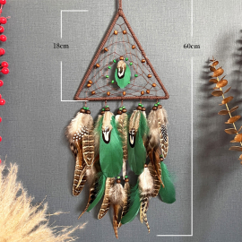 Produktbild: Green-brown triangular dreamcatcher "Pikante" with colorful feathers Green-brown triangular...