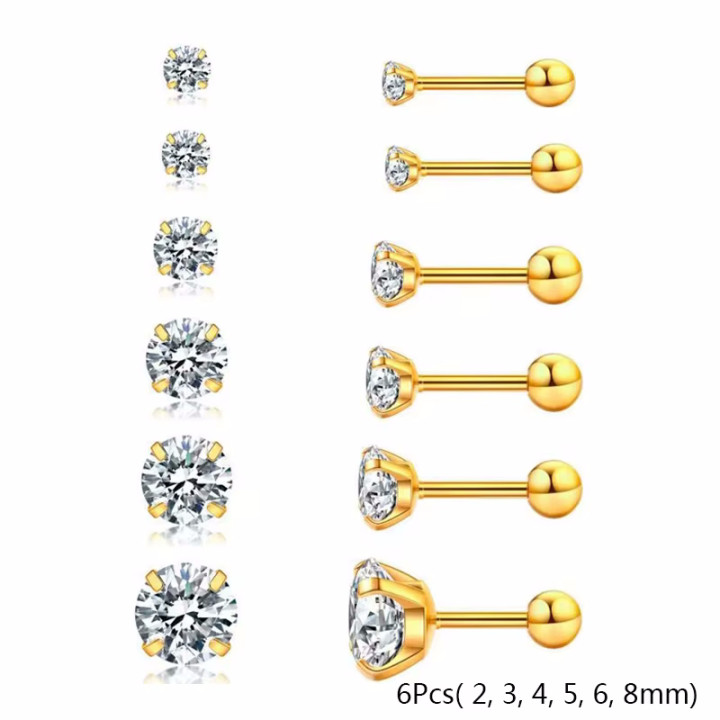 6-pack stainless studs with zirconia in mixed sizes
