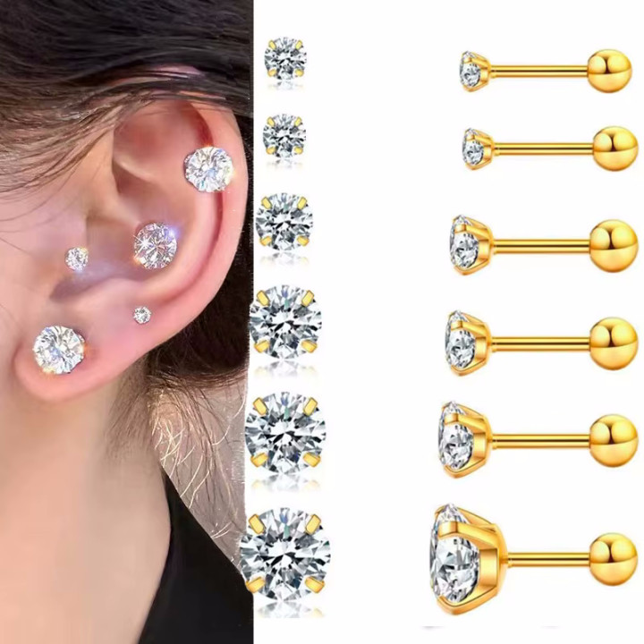 6-pack stainless studs with zirconia in mixed sizes
