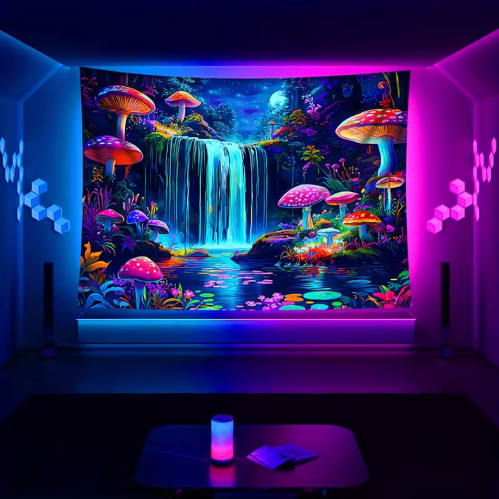 Fluorescent Psychedelic UV Wall Tapestry with Magic Mushrooms