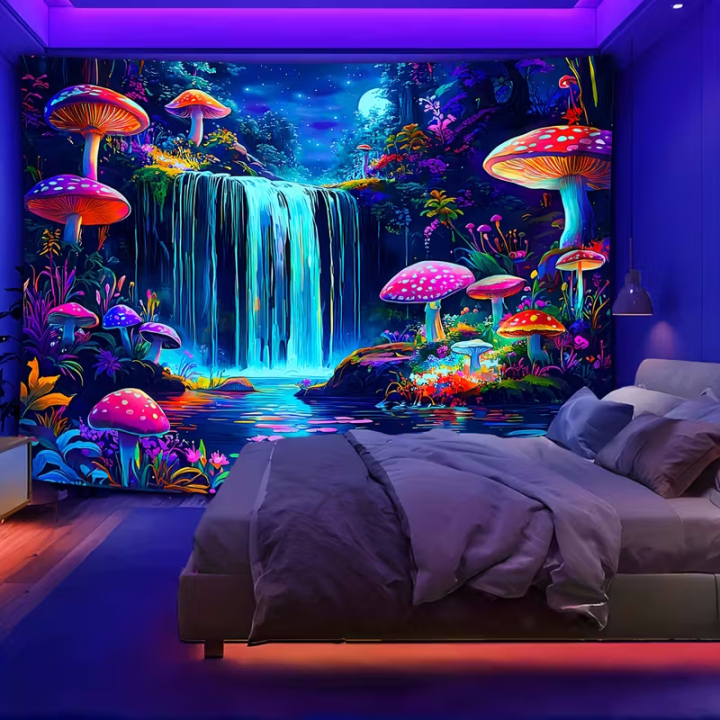 Fluorescent Psychedelic UV Wall Tapestry with Magic Mushrooms