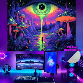 Psychedelic wall tapestry with a large eye in a mushroom landscape