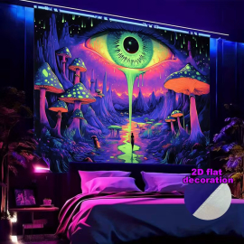 Psychedelic wall tapestry with a large eye in a mushroom landscape