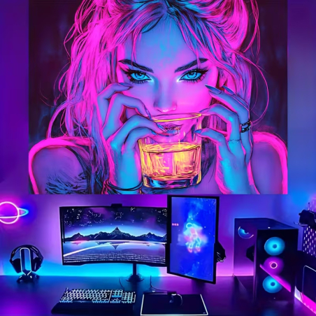 UV Wandtuch für Schwarzlicht – moderne Frau mit Drink im Neonlook