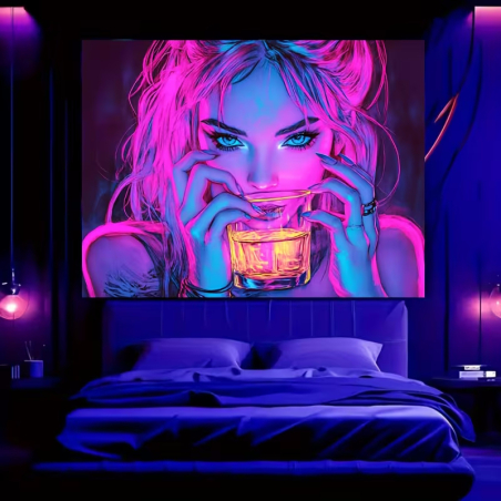 UV Wandtuch für Schwarzlicht – moderne Frau mit Drink im Neonlook