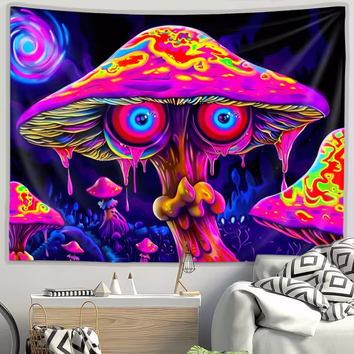 Schwarzlicht Wandtuch – psychedelischer Pilz in Neonfarben
