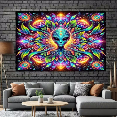 Psychedelic Wall Tapestry – Glowing Alien in Cosmic Neon Style