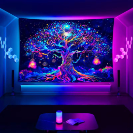 UV Schwarzlicht Wandtuch – Psychodelischer Lebensbaum in Neonfarben