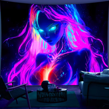 Arazzo murale UV XXL luce nera – motivo artistico femminile in colori neon
