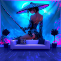 Psychedelic UV Wall Tapestry Featuring a Sword-Fighting Woman