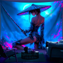 Psychedelic UV Wall Tapestry Featuring a Sword-Fighting Woman