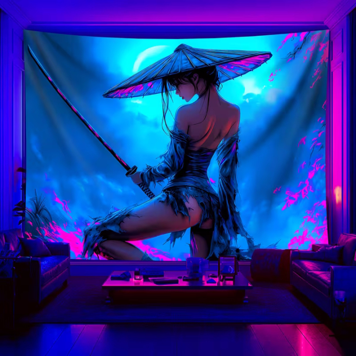 Psychodelisches UV-Wandtuch mit Schwertkämpferin als Motiv