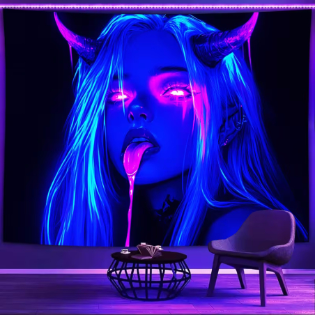 Psychedelic UV Wall Tapestry Featuring a Mystical Demoness
